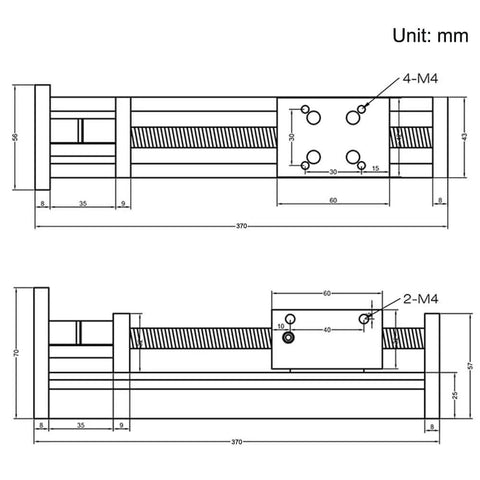 Technical diagram of 250mm Travel Linear Stage Actuator with SFU1605 Ball Screw and NEMA23 Stepper Motor, Square Linear Rails for DIY CNC Router X Y Z Axis