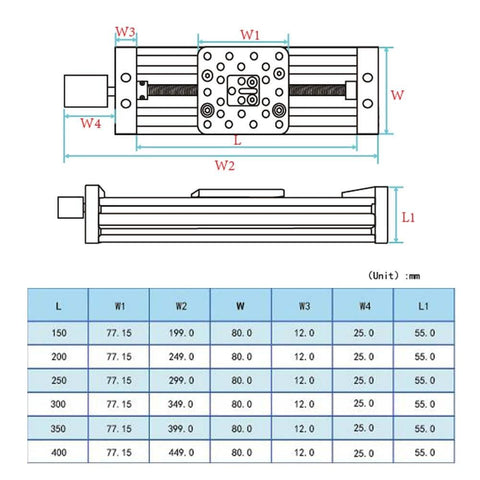 Technical diagram of 250mm 4080U Aluminum Profile Z-axis Screw Slide Table Linear Actuator for 3D Printer and DIY CNC Router Parts