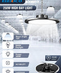 Crazy Bright 250W UFO High Bay LED Shop Light Two Pack 35000 Lumens at 5000K hanging in a warehouse setting