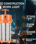 Ultra Bright 250W LED Temporary Work Light With 37,500 Lumens and 5000K Daylight, Portable Linkable IP65 Construction Lighting, front view