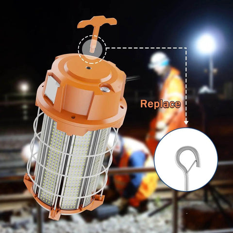 Ultra Bright 250W LED Temporary Work Light With 37,500 Lumens and 5000K Daylight, showing orange housing and cage design