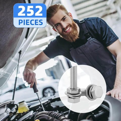 Mechanic using 252 Piece Hex Bolts And Nuts Assortment Kit 1/4 20 5/16 18 3/8 16 Stainless Steel 304 With Case