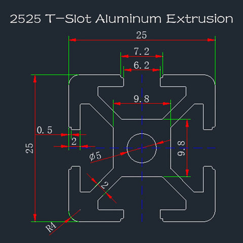 Technical diagram of 1010 Series 1x1 Inch T Slot Aluminum Extrusion Black Anodized 25mm x 25mm, showing measurements and cross-section detail.