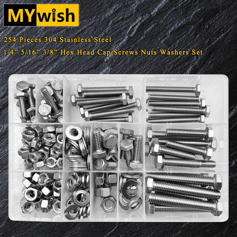 254 Piece 304 Stainless Steel Nuts and Bolts Kit With Flat Spring Washers Ten Common Sizes Fully Threaded in storage case