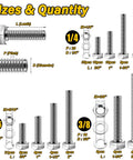 Diagram showing 254 Piece 304 Stainless Steel Nuts and Bolts Kit With Flat Spring Washers Ten Common Sizes Fully Threaded with sizes and quantity