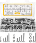 Homwin 255Pcs Stainless Steel Bolts and Nuts Kit, 1/4-20, 5/16-18, 3/8-16 Hex Bolt and Nut Set, Assorted Screw Assortment Kit Silver