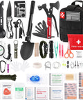 256 In 1 Survival First Aid Kit With MOLLE Pouch for Outdoor Adventures, displaying tools and medical supplies with black pouch