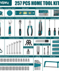 257 Piece DIY Ready Home Tool Kit for Household Repairs complete hand tool set with wrenches, screwdrivers, sockets, and tools in blue