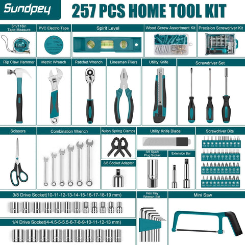 257 Piece DIY Ready Home Tool Kit for Household Repairs complete hand tool set with wrenches, screwdrivers, sockets, and tools in blue