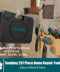 Close-up of a worker holding a black portable tool box labeled Sundpey 257 Piece DIY Ready Home Tool Kit For Household Repairs Complete Hand Tool Set With Wrenches Screwdrivers Sockets Ratchet Extension Bar Tape Level Tester Bits And Portable Storage Box In Blue.