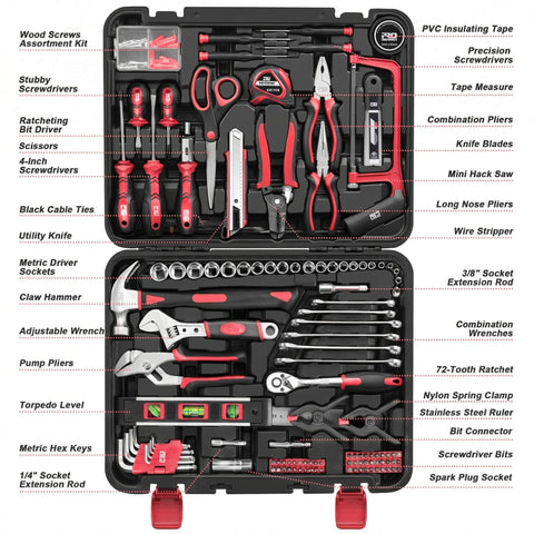 Beefy 259 Piece Tool Kit Do It All Set With Plastic Storage Toolbox And Portable Repair Box For Home And Car, open view