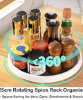 25cm rotating spice rack organizer with condiments and spices in a circular white tray on a kitchen counter