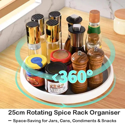 25cm rotating spice rack organizer with condiments and spices in a circular white tray on a kitchen counter