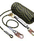 Ultimate Vertical Lifeline Assembly 25 Foot Polyester Rope Harness Safety System With Two Grab Snap Hooks Shock Absorber And Fall Protection Rope For Roofing Work ANSI Compliant, featuring coiled black and yellow rope, and attached alloy snap hooks.