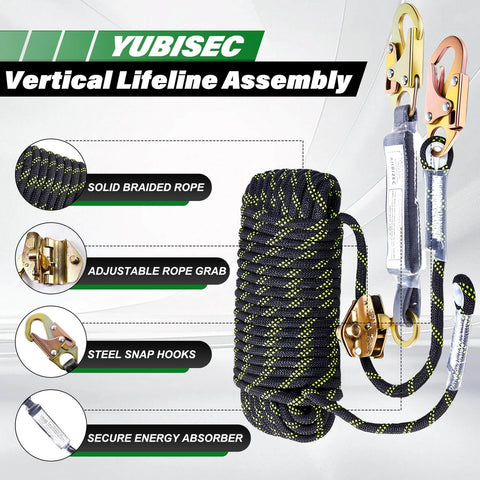 Ultimate Vertical Lifeline Assembly 25 Foot Polyester Rope Harness Safety System With Two Grab Snap Hooks Shock Absorber