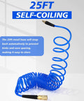 Image of a blue Six Pack 25 Foot Polyurethane Recoil Air Hose With One Quarter Inch Quick Connect And Plug Bend Restrictor Anti Twist Coil