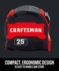 Front view of 25-Ft Tape Measure with Fraction Marketing, Retractable, Manual-Locking Blade (CMHT37443S) showcasing compact design.