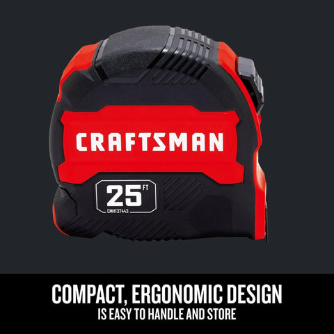 Front view of 25-Ft Tape Measure with Fraction Marketing, Retractable, Manual-Locking Blade (CMHT37443S) showcasing compact design.