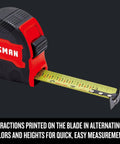 Close-up of 25-Ft Tape Measure with Fraction Marketing, Retractable, Manual-Locking Blade (CMHT37443S) showing fraction markings.