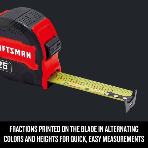 Close-up of 25-Ft Tape Measure with Fraction Marketing, Retractable, Manual-Locking Blade (CMHT37443S) showing fraction markings.