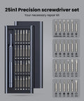 25-In-1 Magnetic Precision Screwdriver Set with Bearing Steel Bits displayed in a compact case with 24 precision bits