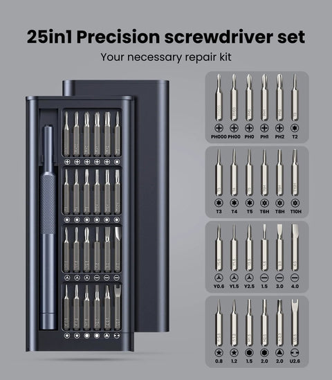 25-In-1 Magnetic Precision Screwdriver Set with Bearing Steel Bits displayed in a compact case with 24 precision bits