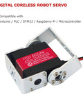 25 Kg High Torque Full Metal Gear Digital Servo Motor with mount brackets, view showing CNC aluminum shell and wires.