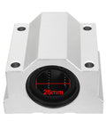 Front view of 25mm aluminum linear bearing sliding block for rails, showing 25mm inner diameter, compact 67x76x52mm design for automation