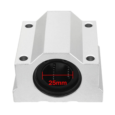 Front view of 25mm aluminum linear bearing sliding block for rails, showing 25mm inner diameter, compact 67x76x52mm design for automation
