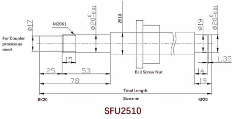 Diagram of 25mm Ballscrew SFU2510 RM2510 Anti Backlash Ball Screw with dimensions and standard end machining for BK/BF20