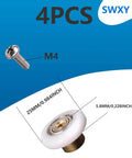 25mm Shower Door Rollers Replacement Runners 4PCS with Nylon Wheels and Brass Core, shown with M4 screw size indicators.