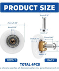 25mm Shower Door Rollers Replacement Set with 304 stainless steel runners, shown with dimensions for sliding track installation