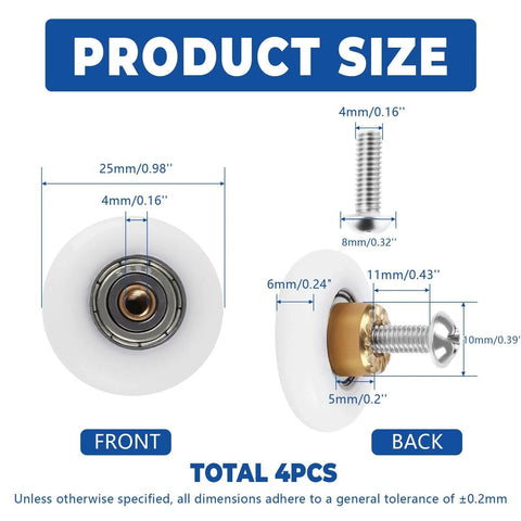 25mm Shower Door Rollers Replacement Set with 304 stainless steel runners, shown with dimensions for sliding track installation