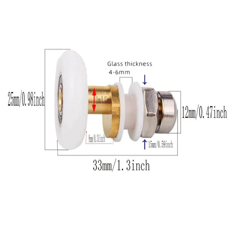 Side view of 25mm Shower Door Rollers Replacement Set 6PCS, copper stainless steel and nylon build for 4–6mm glass doors