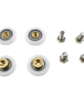 25mm diameter shower door wheels with smooth rolling nylon runners, solid brass hubs, and stainless steel screws.