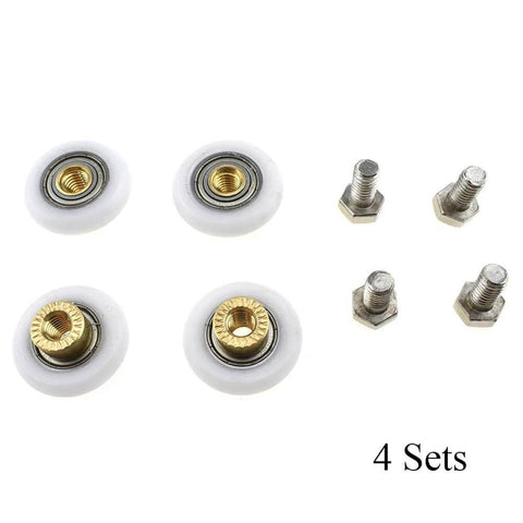 4 sets of 25mm diameter shower door wheels with smooth rolling nylon runners, solid brass hubs, and stainless steel screws