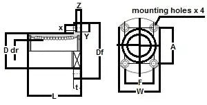 Technical diagram of ✝️ SMTS25GUU NB 25mm Slide Bush Bushings Motion Linear Bearing showing dimensions and mounting holes for installation.