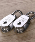 Two Pack 25mm 304 stainless steel pulley blocks with a 400 kg rating deliver reliable lifting, featuring rust resistant construction.