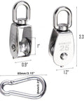 Two stainless steel 25mm single pulley wheels with dimensions and carabiner for 25MM Pulley System, 2 Pcs M25 Pulleys Block with Rope and Hooks.