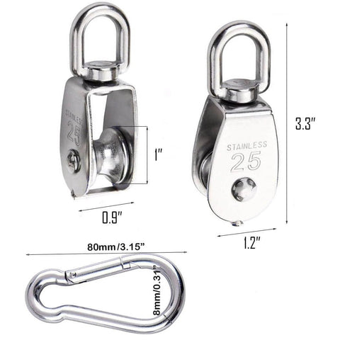 Two stainless steel 25mm single pulley wheels with dimensions and carabiner for 25MM Pulley System, 2 Pcs M25 Pulleys Block with Rope and Hooks.