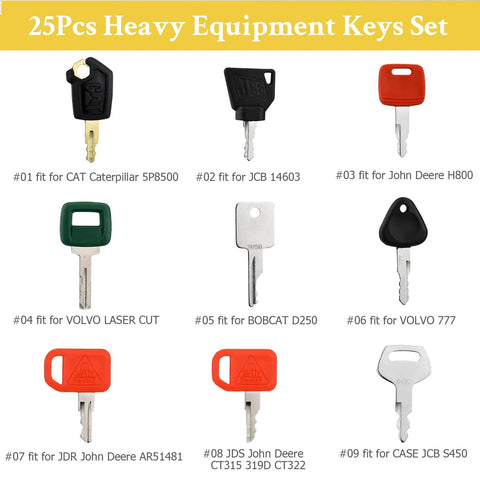 Bulk 25 Piece Heavy Equipment Master Key Set For Excavators Loaders Backhoes Tractors And More Featuring Nine Different Keys