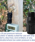 Drip Irrigation Pressure Regulator Keeps 25 PSI On Point For Consistent Watering, installed on faucet with 3/4 inch hose thread inlet and outlet.