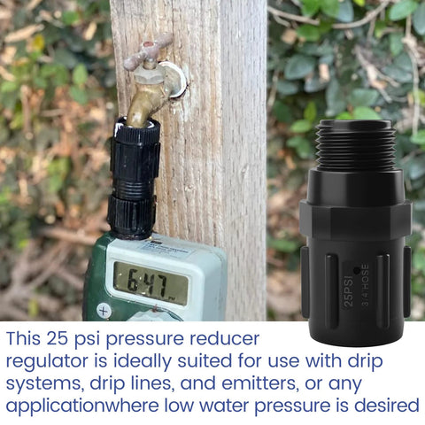 Drip Irrigation Pressure Regulator Keeps 25 PSI On Point For Consistent Watering, installed on faucet with 3/4 inch hose thread inlet and outlet.