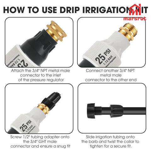 25 PSI Pressure Regulator for Drip Irrigation and Sprinkler Systems with installation guide showing steps and connectors.