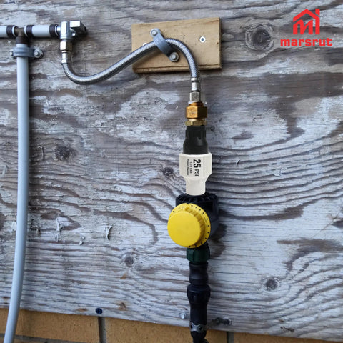 Installed 25 PSI Pressure Regulator for Drip Irrigation and Sprinkler Systems with three quarters inch FPT female threads