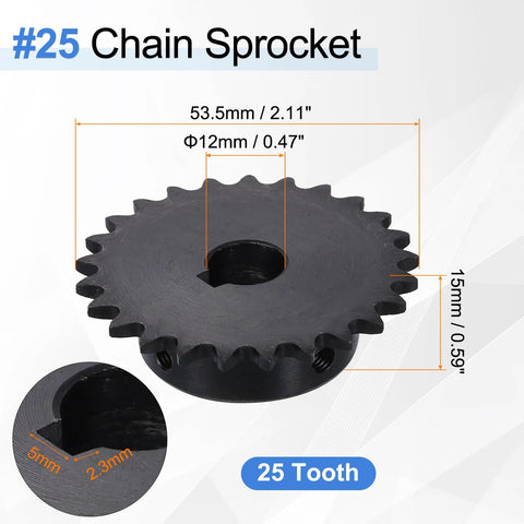 Two Pack 25 Tooth Roller Chain Sprocket With 12 Millimeter Bore For ISO 04C Chain Quarter Inch Pitch C45 Carbon Steel