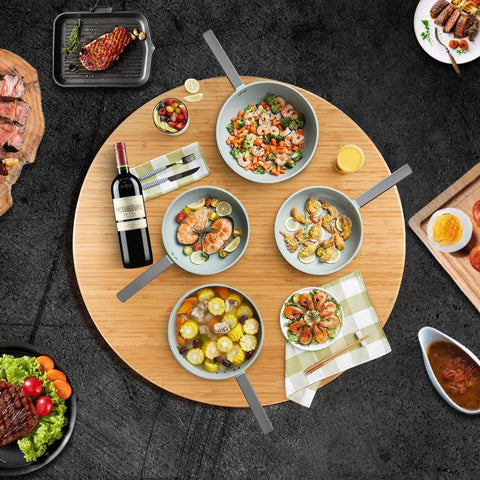 Top view of 26 Inch Bamboo Large Lazy Susan for Dining Table with dishes and wine, Natural Bamboo Turntable Top with Heavy Duty Metal Rotating Hardware