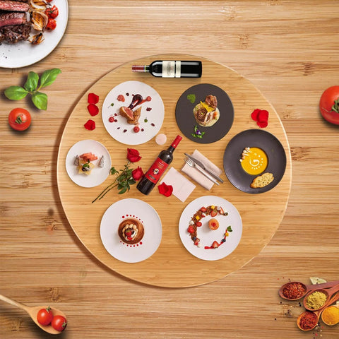 Top view of 26 Inch Bamboo Large Lazy Susan for Dining Table with dishes and wine, Natural Bamboo Turntable Top with Heavy Duty Metal Rotating Hardware