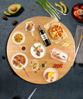 26 Inch Bamboo Large Lazy Susan for Dining Table with dishes, showcasing natural bamboo turntable and heavy duty metal hardware.