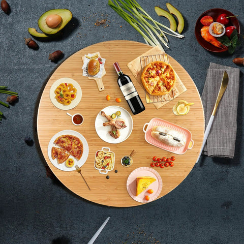 26 Inch Bamboo Large Lazy Susan for Dining Table with dishes, showcasing natural bamboo turntable and heavy duty metal hardware.